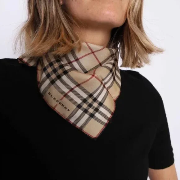 Authentic Tan Burberry Check Plaid Silk Beige Scarf - Picture 2 of 8